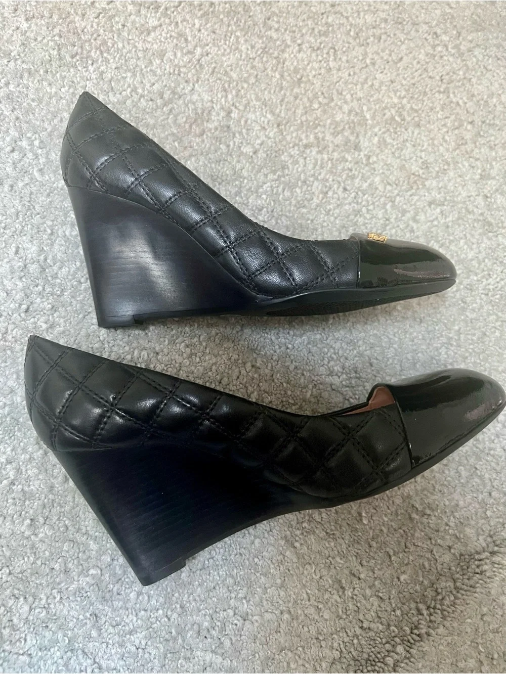 Tory Burch Quilted Patent Cap-Toe Wedge Pumps-Black- 8M